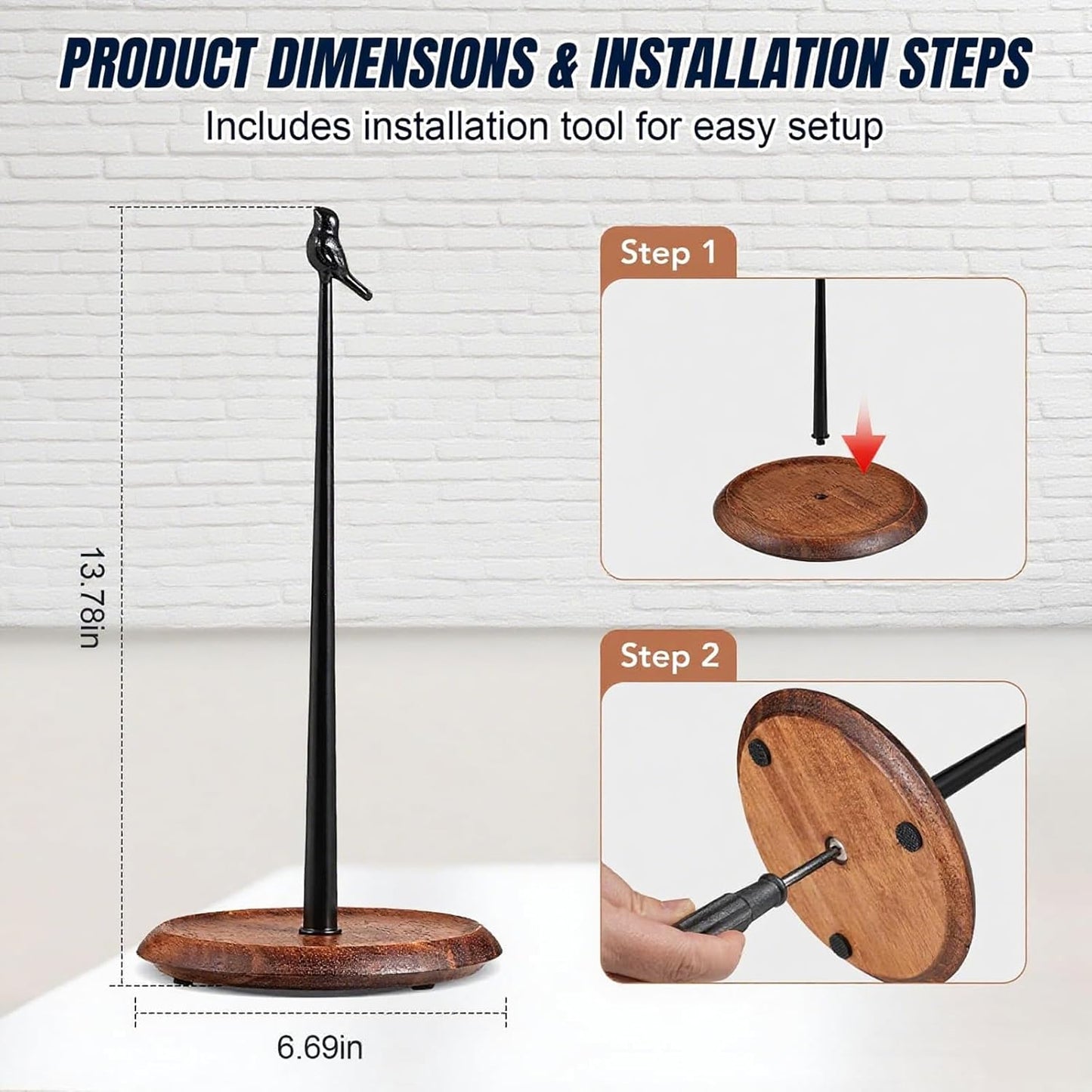 Wooden Cute Bird Shaped Countertop Paper Towel Holder, Solid Wood Base with Iron Rod, with Non-Slip Pad, Stable and Durable, Suitable for Kitchen, Dining Table and Home Decoration (Black-3)