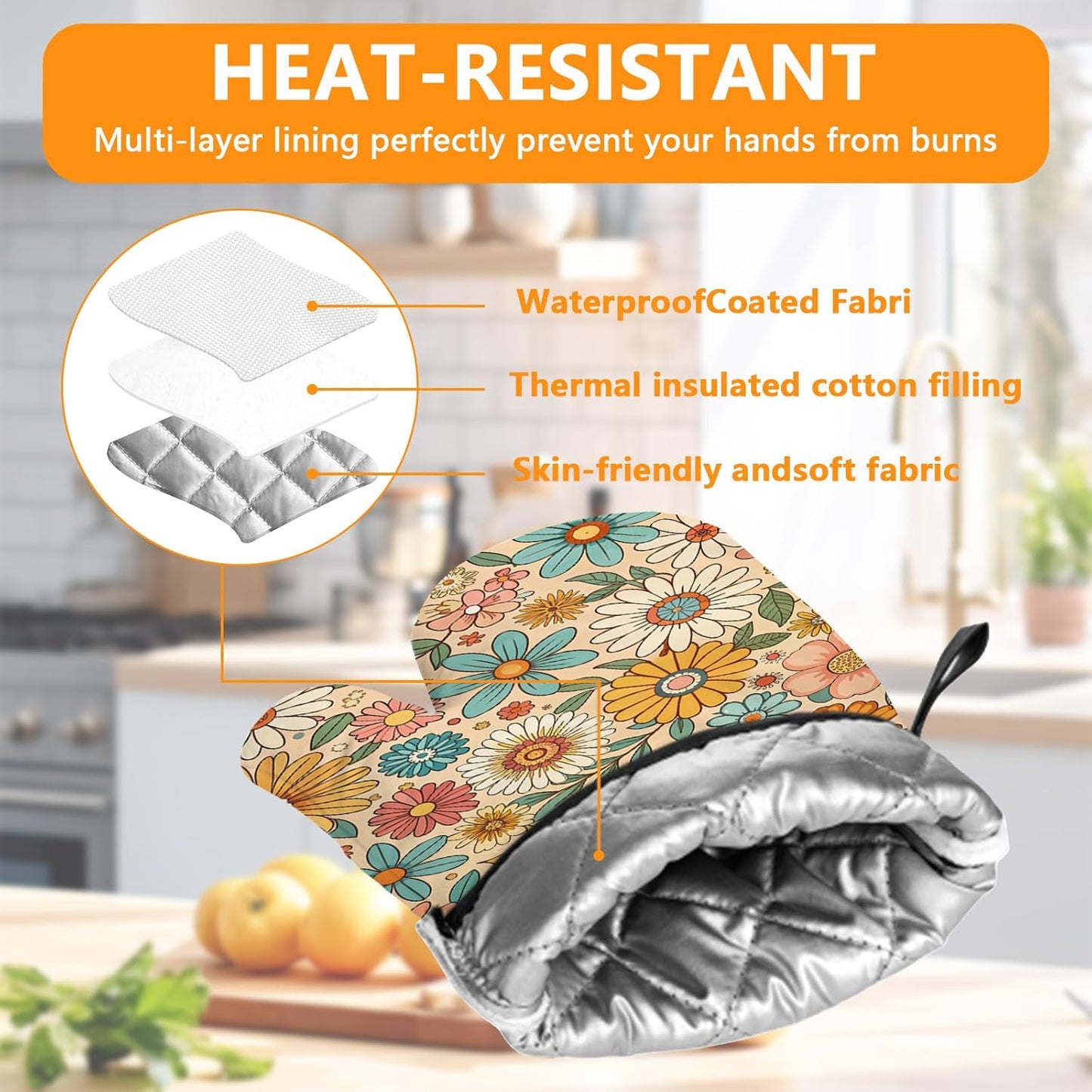 Boho Floral Oven Mitts and Pot Holders Sets 4Pcs,Extra Long Oven Gloves Potholder for Kitchen Cooking Baking BBQ 100% Cotton Heat Resistant