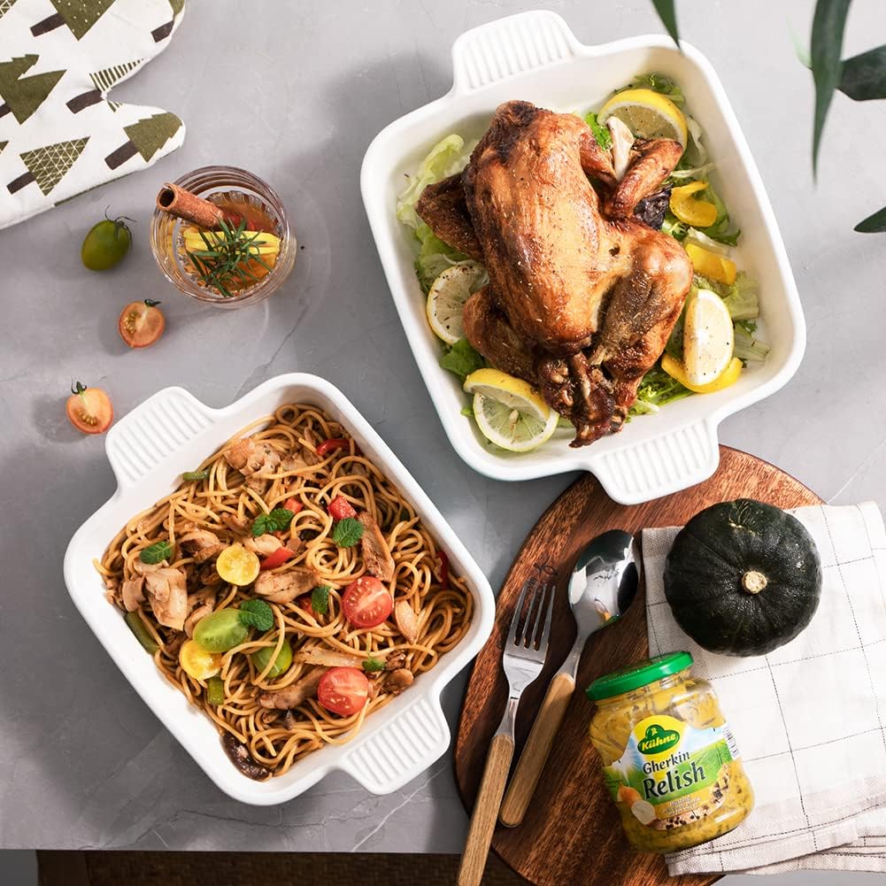 Sweejar Ceramic Baking Dish, 8 x 8 Cake Baking Pan for Brownie, Porcelain Square Bakeware with Double Handle for Casserole, Lasagna, Family Dinner (Navy)