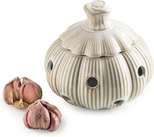 Garlic Storage Pod Ceramic Garlic Keeper with Lid Large Garlic Container for Counter, White