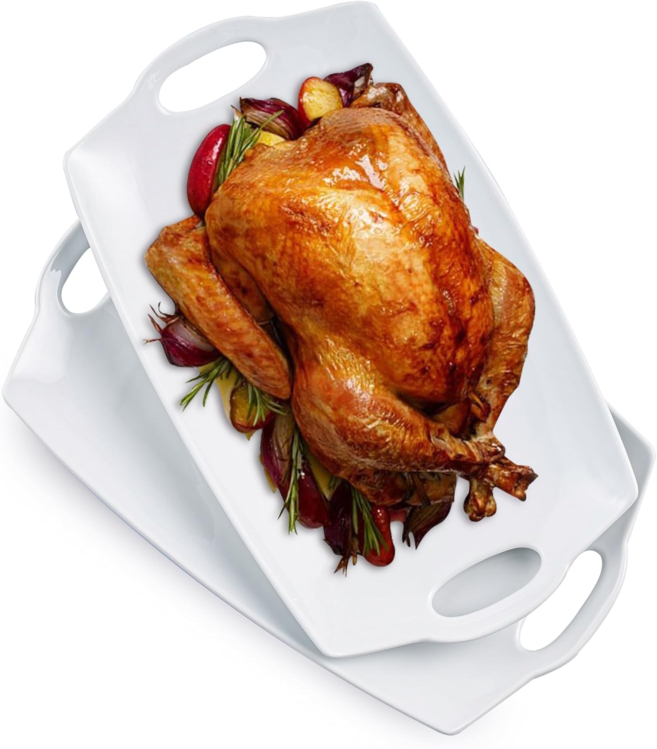 Turkey Serving Platter for Entertainment, Serving Tray with Handles Large, Party, Display, LYEOBOH 16 inch Rectangle Porcelain Platters Set of 2, White