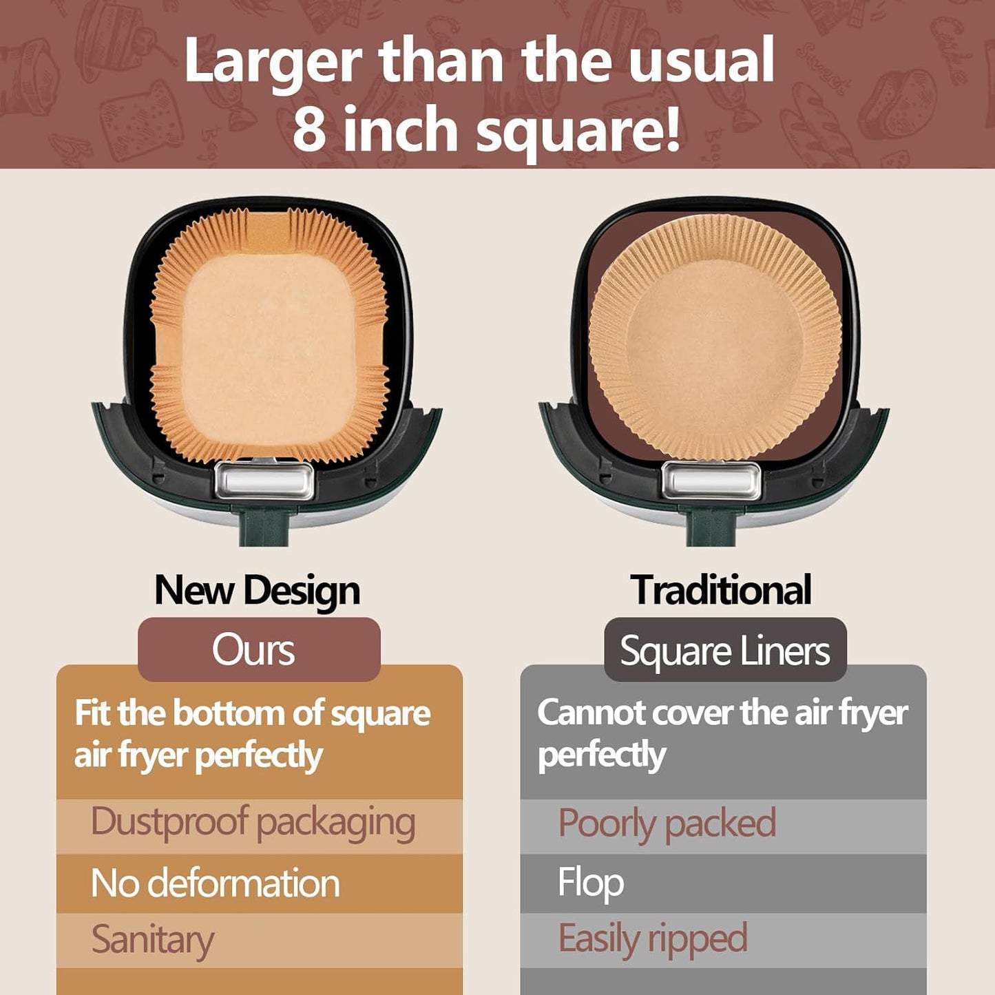 UBeesize 10 Inch Air Fryer Paper Liners,100 PCS Parchment Paper, Air Fryer Disposable Paper Liner for Microwave, Non-Stick Air Fryer Liners Square Free of Bleach（Bottom size 9 Inch）