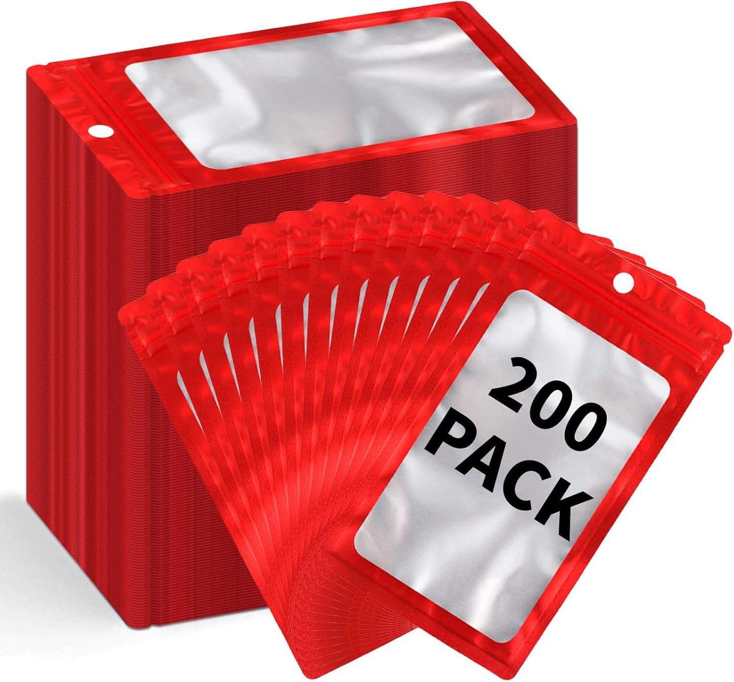200 Pack Resealable Mylar Holographic Bags Food Storage Smell Proof Bags with Front Window Foil Packaging Pouch for Candy Sample Jewelry Small Business 4.72×7.87 Inch, Red