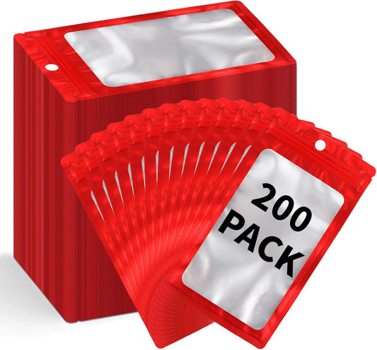 200 Pack Resealable Mylar Holographic Bags Food Storage Smell Proof Bags with Front Window Foil Packaging Pouch for Candy Sample Jewelry Small Business 4.13×5.91 Inch, Red