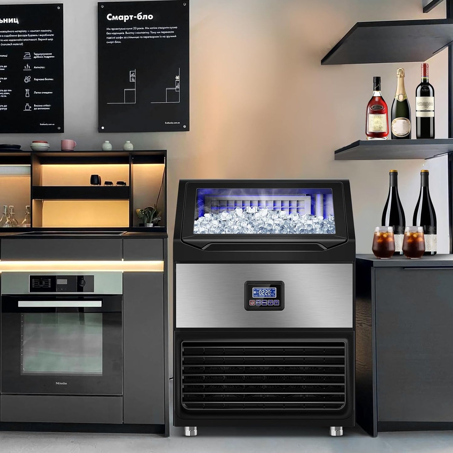 Ice Maker Machine Commercial, 240Lbs/24H with 75Lbs Storage Bin, 80Pcs Ice Cubes 8Mins, Freestanding Large Ice Machine with Water Filter and Ice Scoop for Restaurant Bar Home Office