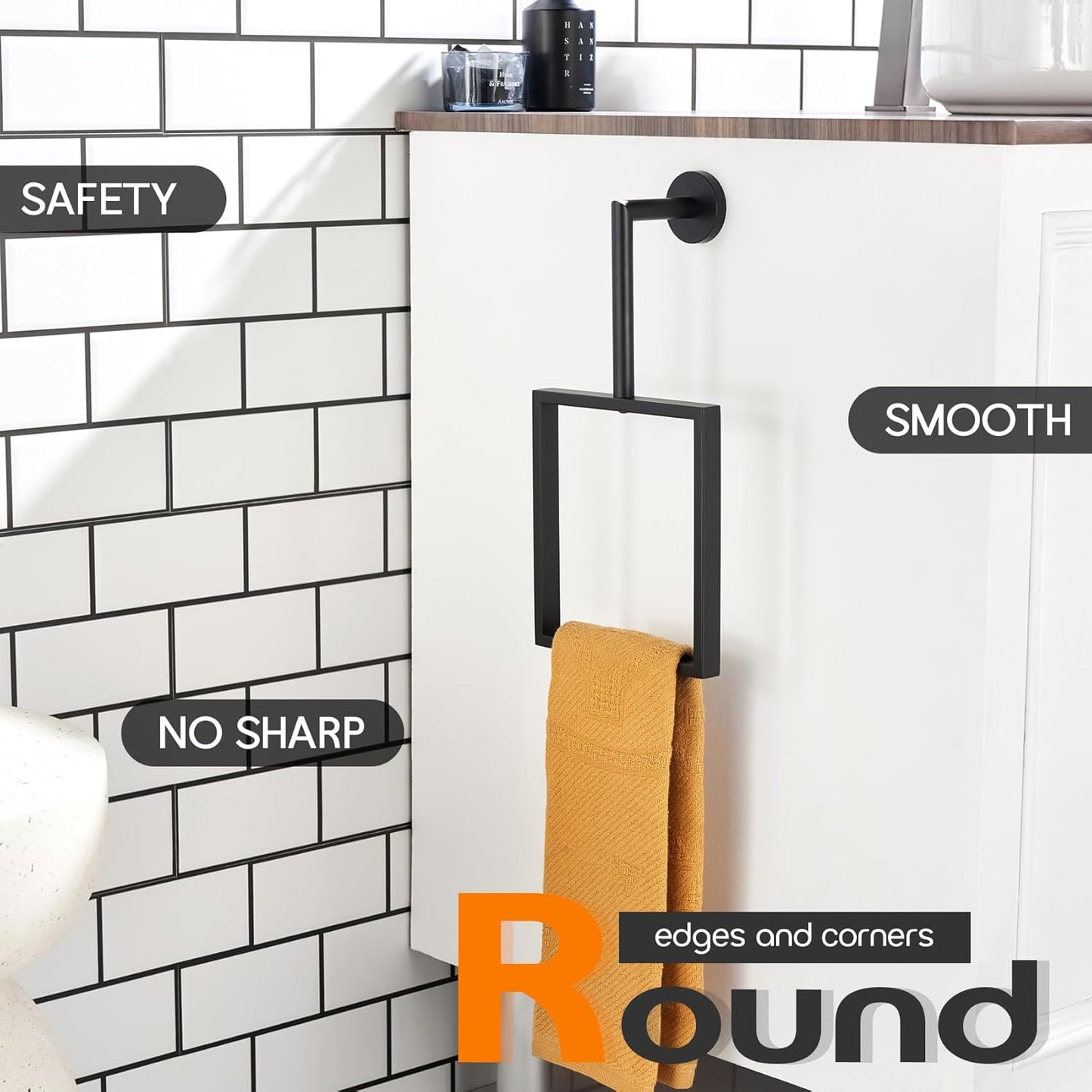 Towel Rack Black Hand Towel Ring Holder for Bathroom Wall Mount Stainless Steel Towels Hanger for Bathroom and Kitchen Decor, AN3005MB