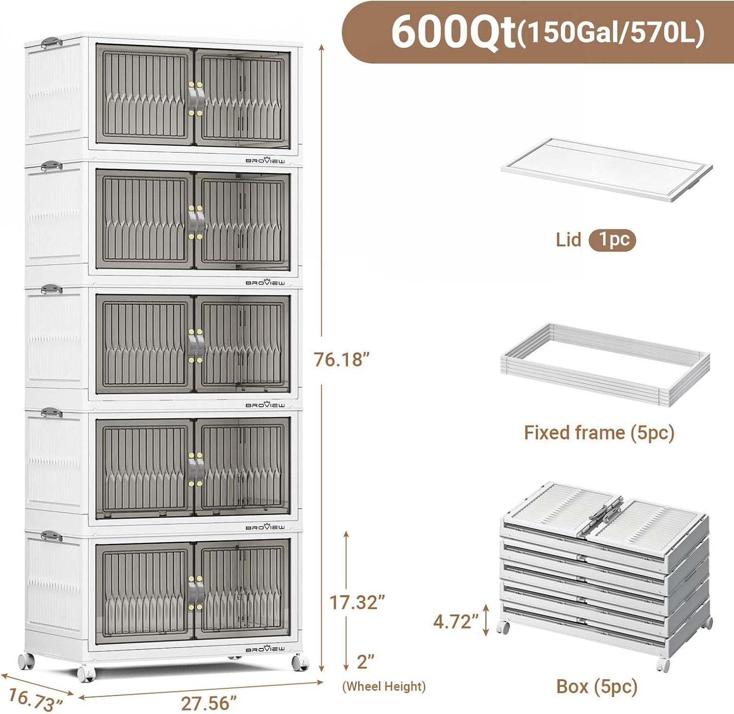 600Qt Stackable Storage Bins with Lid, Extra Large Closet Organizer Collapsible Drawer Boxes with Wheels, Folding Plastic Cabinet Containers for Home Kitchen Room Organization, 5Pack White