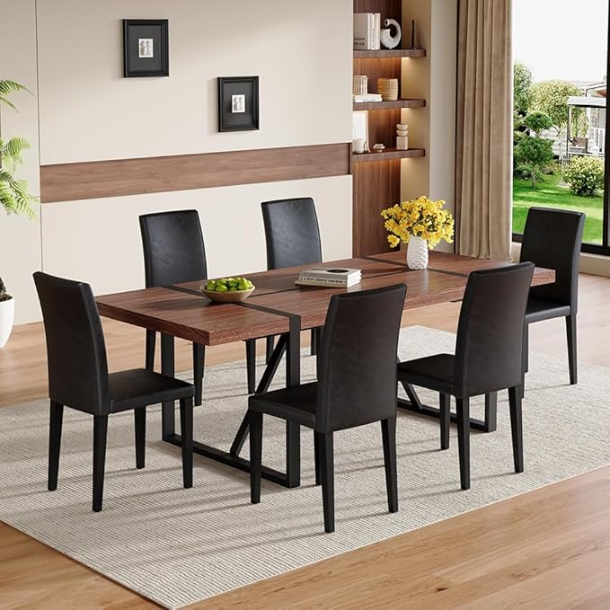 86.6" Dining Table Set for 6, Modern 7 Piece Wood Kitchen Table and Chairs Set, Rectangle Dining Room Table with 6 PU Leather Upholstered Chairs, Ideal for Apartment, Kitchen, Dining Room