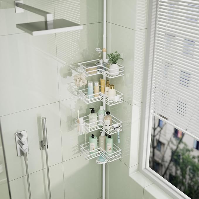 HapiRm Corner Shower Caddy Organizer - Shower Organizer Corner with Soap Holder, Toothbrush Holder and 4 Hooks, Rustproof Bathroom Shelf Tension Pole Available for 27.6 to 108.3 Inch - White
