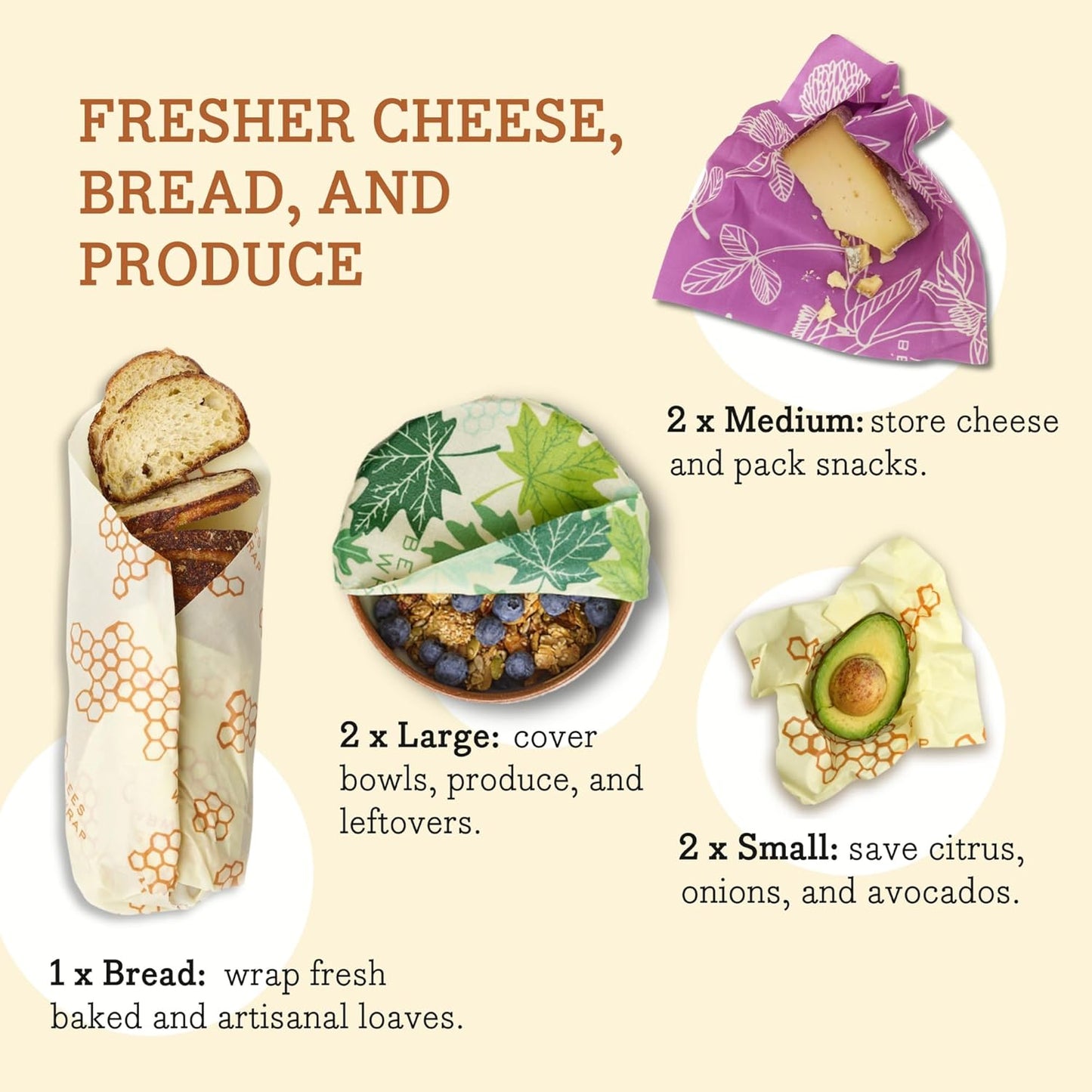 Bee's Wrap Beeswax Wraps for Food - Assorted 7 Pack (2S, 2M, 2L, & 1 Bread) Made in USA Reusable & Organic Food Wraps & Bowl Covers - Eco-Friendly Alternative to Aluminum Foil & Plastic Wrap