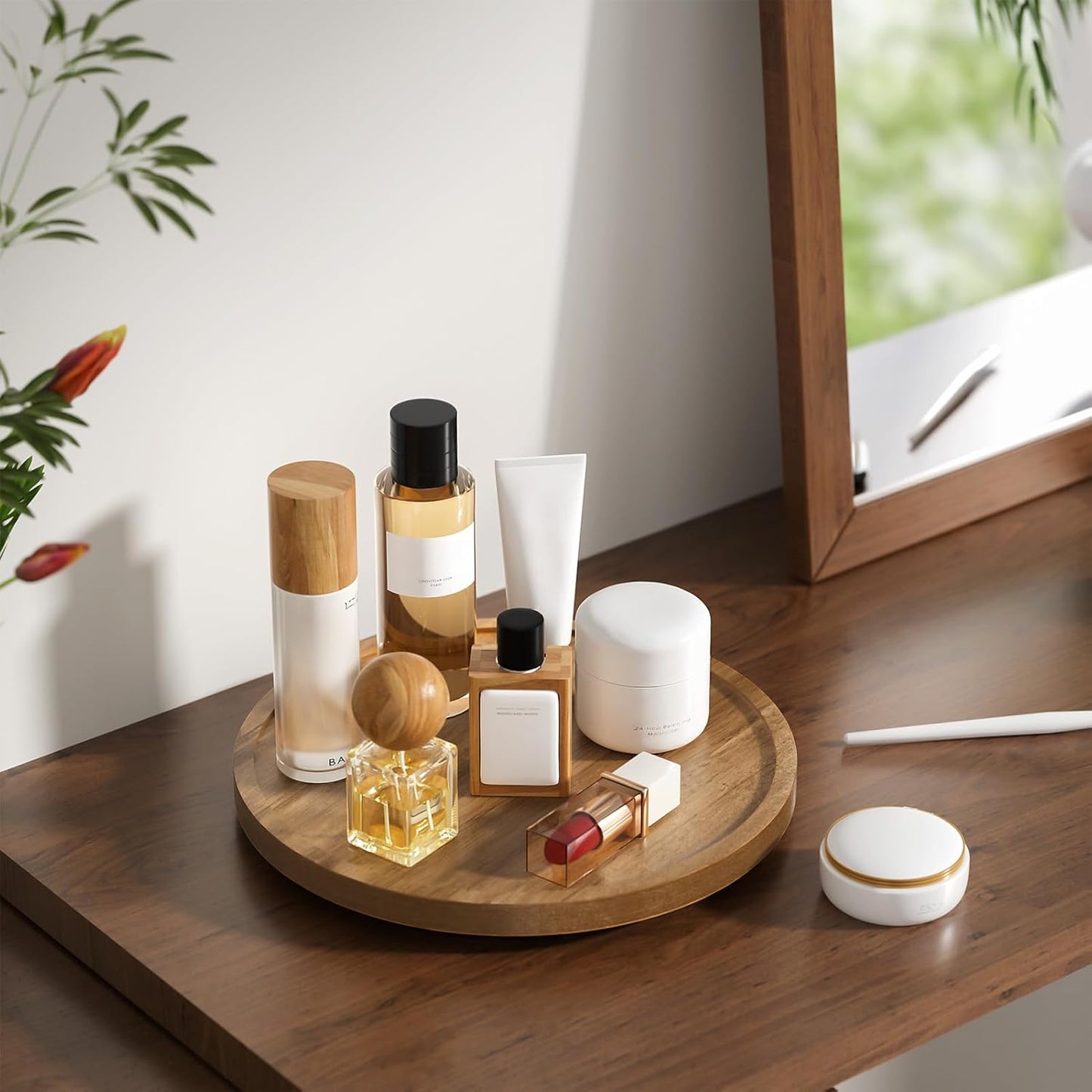 LAMU 11'' Acacia Wood Lazy Susan Organizer for Table Top, Lazy Susan Turntable for Cabinet, Kitchen, Countertop, Pantry Organization