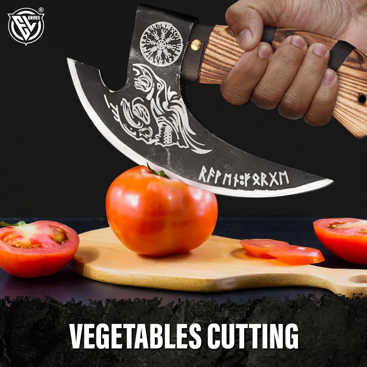 Edgelandknives® Multipurpose Viking Pizza Axe with Sheath, Viking Butcher Axe, Viking Pizza Cutter Axe - Burned Wood Handle & Heavy Duty Viking Skull Head - Perfect for Cutting Pizza, Meat, Vegetables