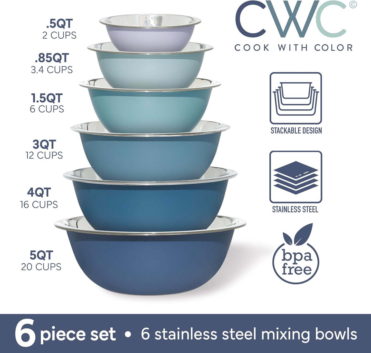 COOK WITH COLOR Stainless Steel Mixing Bowls Set - Nesting Bowls, 6 Pieces, Blue