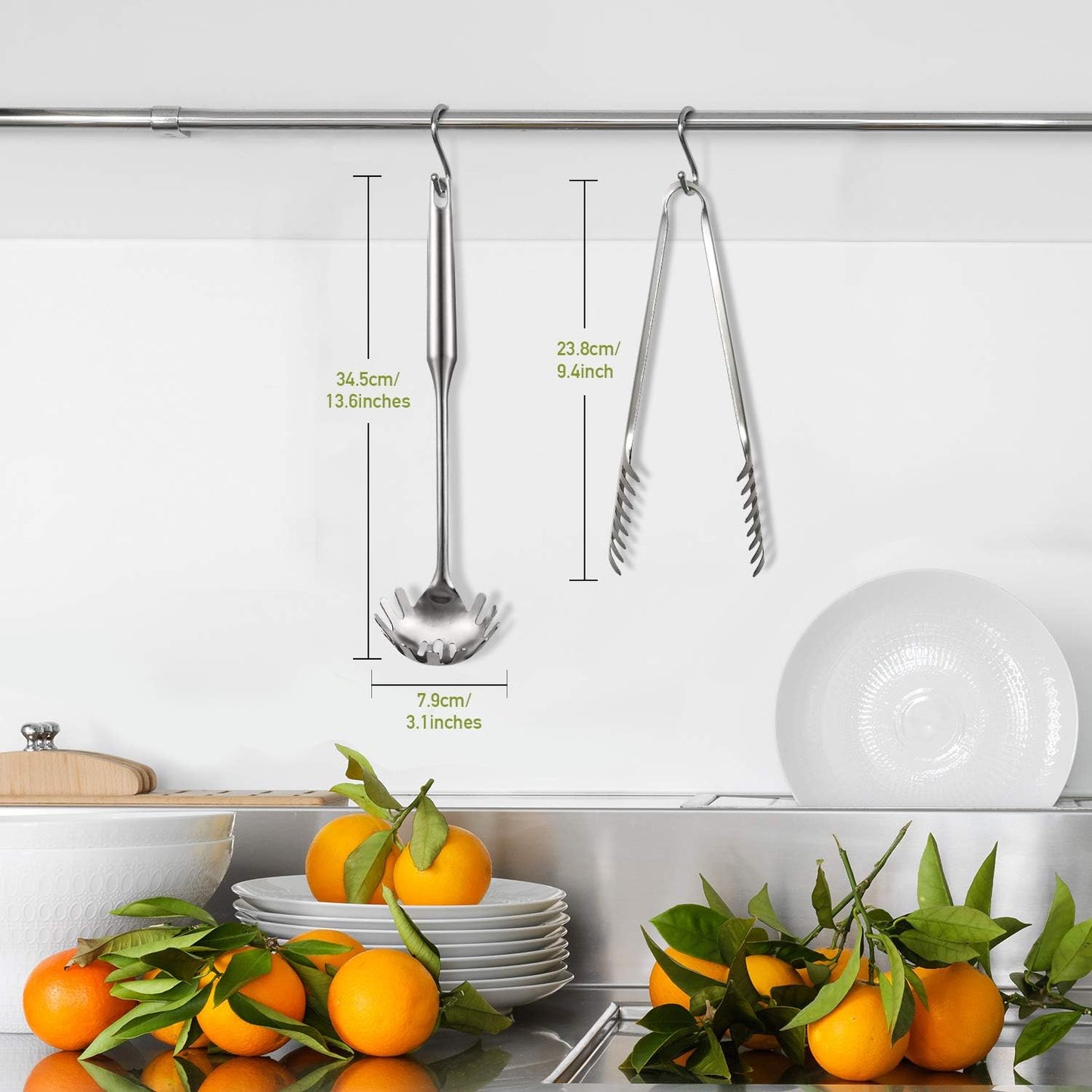 Patelai 2 Pcs Stainless Steel Pasta Spoon with Teeth Large Spaghetti Utensil, 9.4'' Tong and 13.6'' Pasta Fork with Vacuum Handle, Comfortable Grip Design Spoons for Kitchen(Sliver)