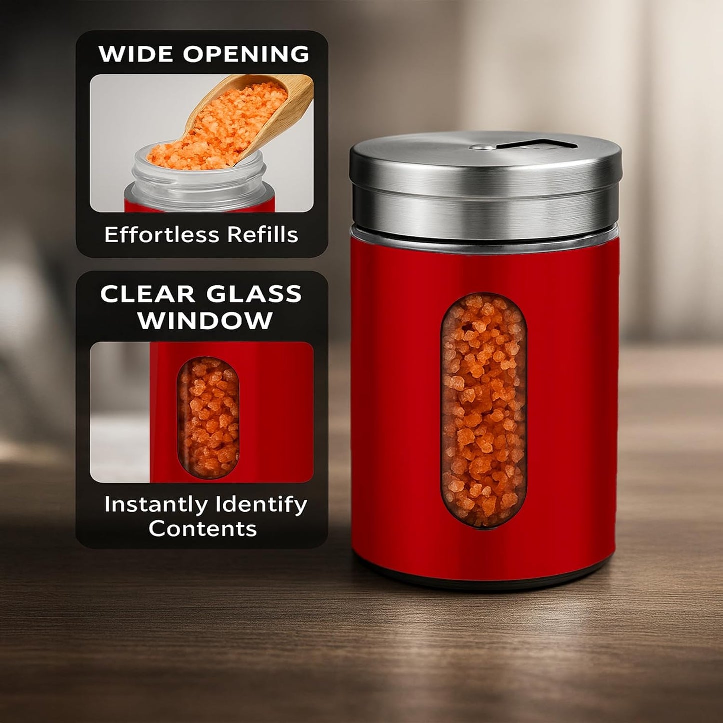 4-Piece Premium Stainless Steel Salt and Pepper Shakers Set – Adjustable Pour Holes Spice Dispenser for Salt, Sugar, Cinnamon, and Pepper – Stylish Kitchen Seasoning and Spice Shaker Set (Red)