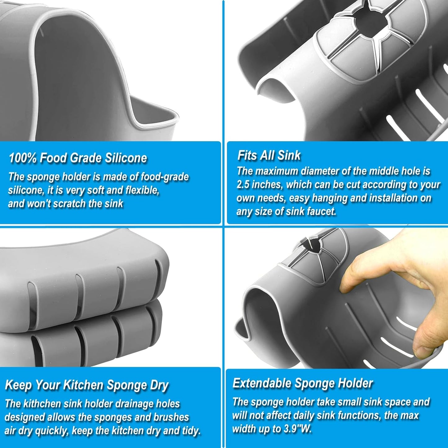 Sponge Holder for Kitchen Sink, Silicone Sink Saddle Caddy Organizer Rack, Sponges Holder Over Faucet, Hanging Kitchen Organizer Accessories Rack Basket Gray