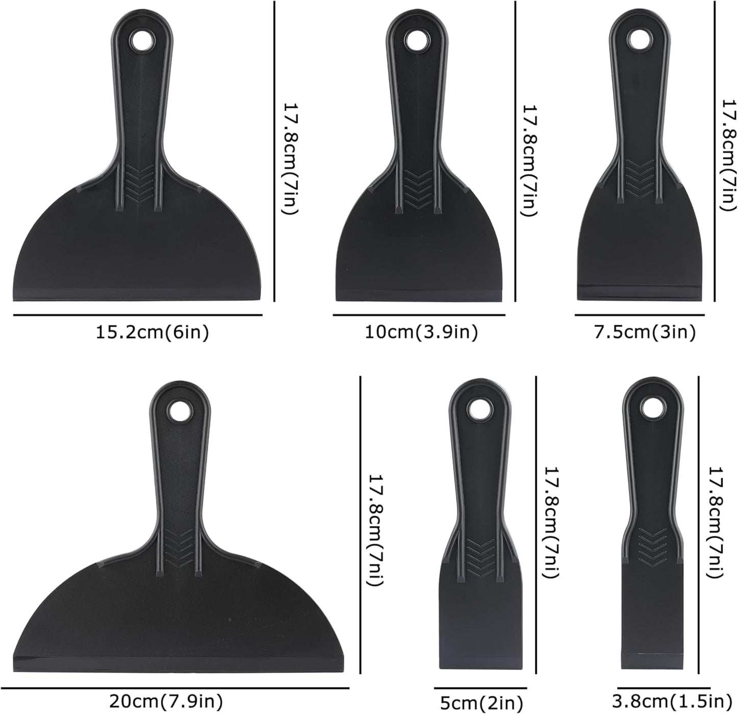 6 Pack Plastic Putty Knife, Durable Plastic Scraper Tool with No-Slip Grip for Spackle, Spreader, Non Scratch and Easy Cleaning Spackle Knife, Putty Knife Set, Black