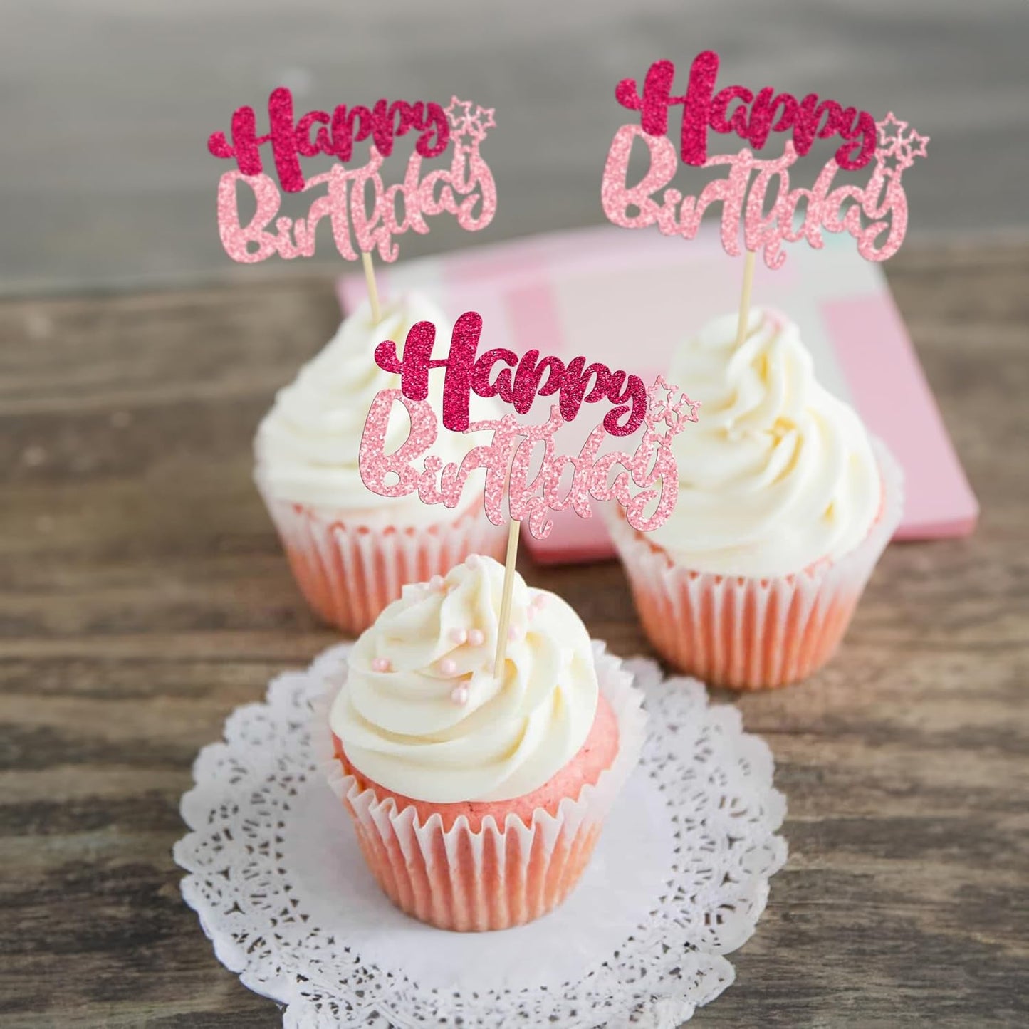 Ephlyn 24Pcs Happy Birthday Cupcake Toppers Double Layer Glitter Happy Birthday Cake Decorations for Celebrating Baby Shower Theme Kids Boys Girls Birthday Anniversary Party Supplies Rose Red Pink