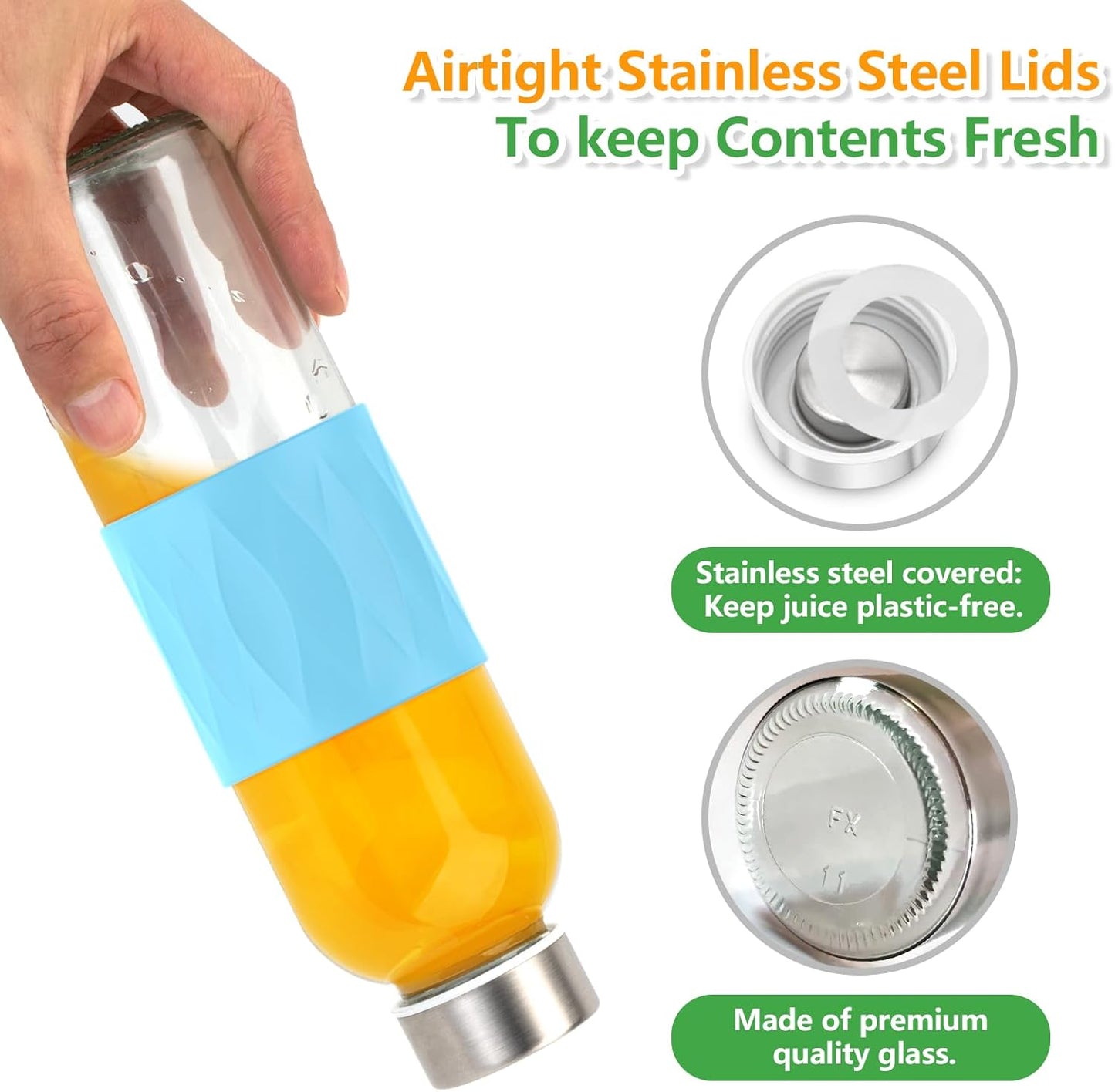 Zukro Glass Water Bottles with Lids 18 oz, Reusable Clear Juice Bottles Stainless Steel Airtight Cap for Juicing, 100% Leak Proof Juice Drinking Jar With Sleeve for Refrigerator, BPA Free, Set of 10