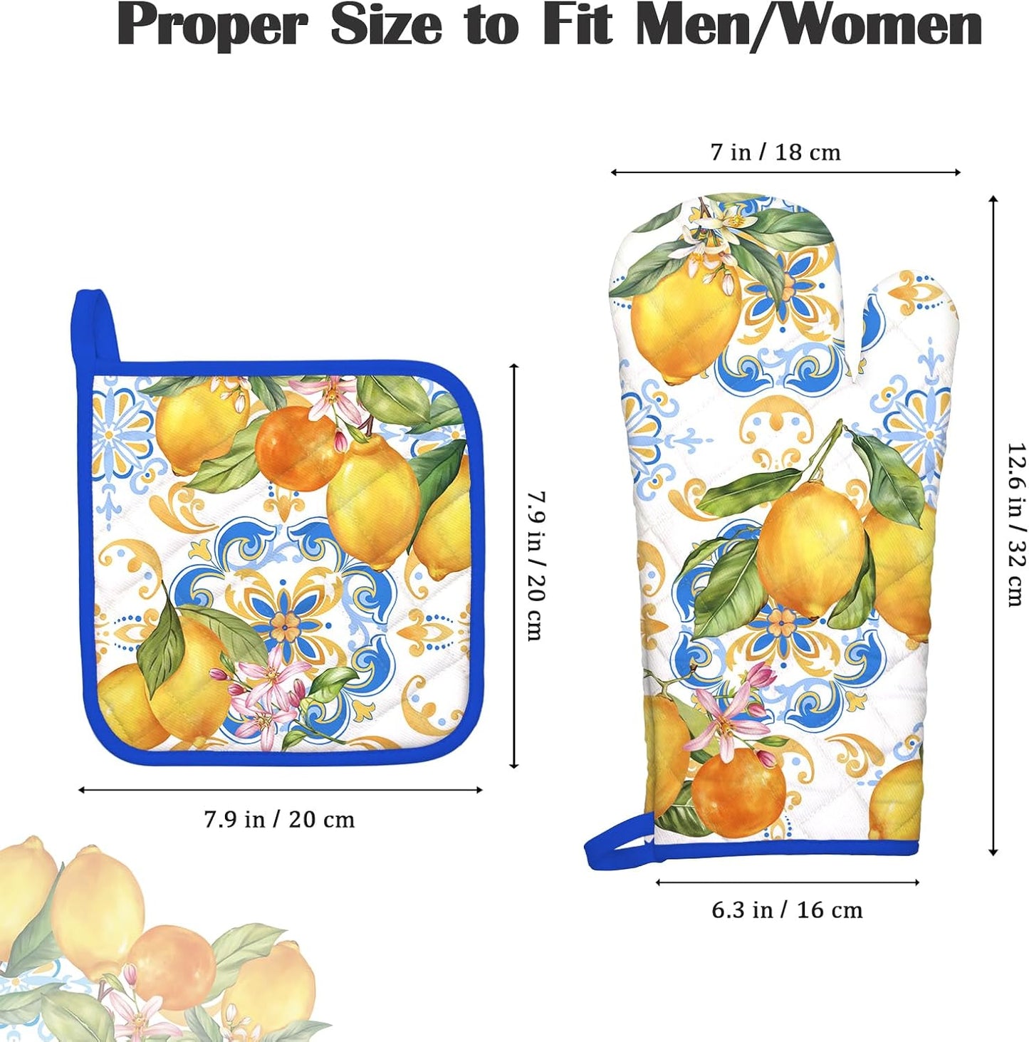 Summer Lemon Oven Mitts and Pot Holders Sets 2Pcs, 100% Cotton Heat Resistant, Extra Long Oven Gloves Potholder for Kitchen Cooking Baking Decoration