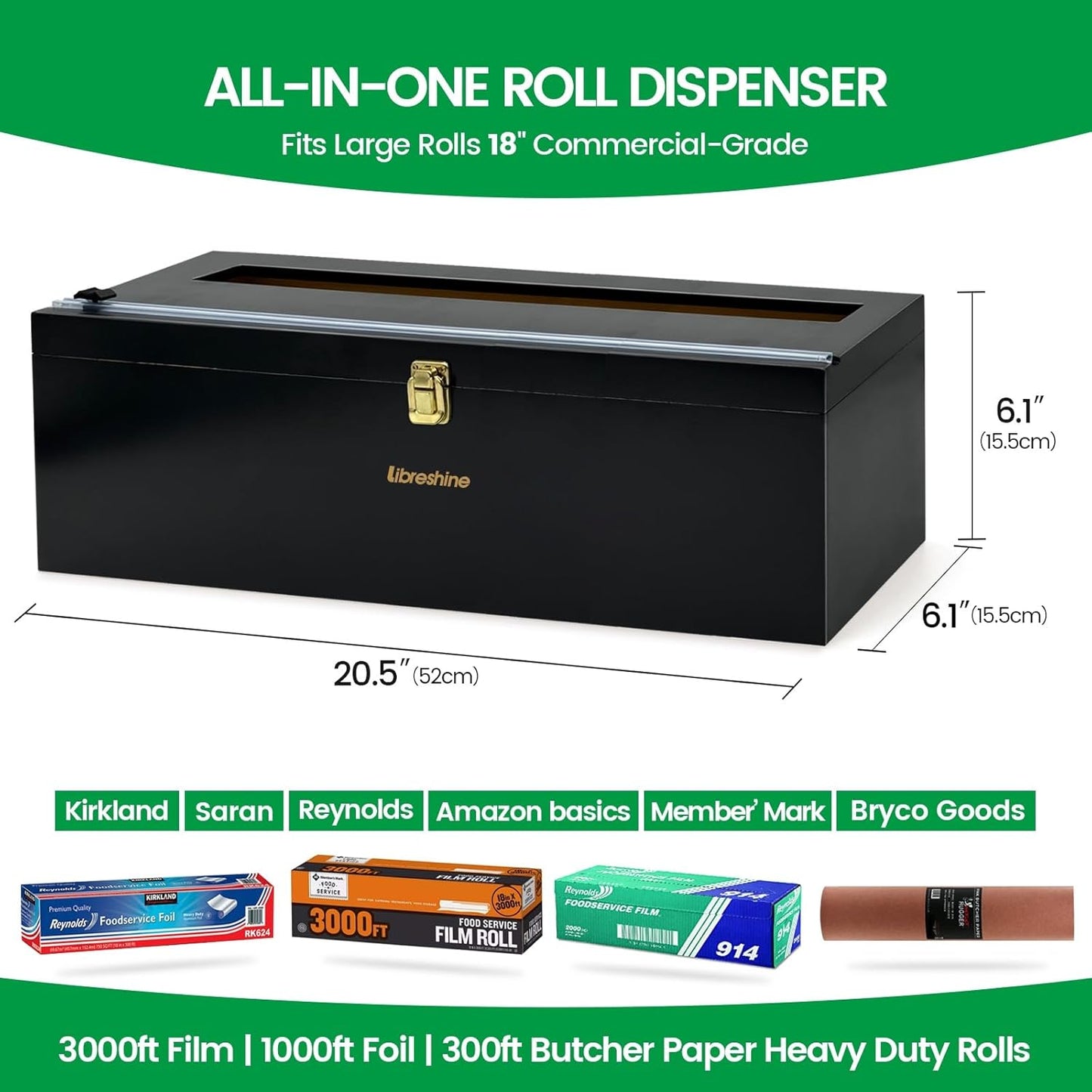 Black 18 Inch Commercial Plastic Wrap Dispenser with Cutter & Roller - Heavy Duty 3000ft Film & 1000ft Foil Holder - Fits Butcher, Freezer, Kraft Paper for Restaurant Kitchen Food Service