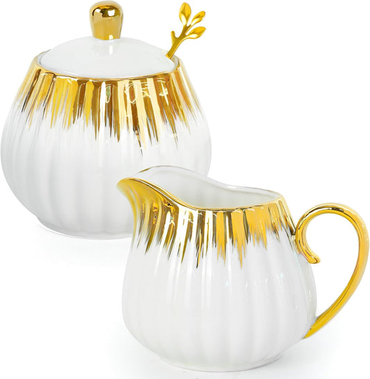 Ceramic Sugar and Creamer Set, Cream Pitcher Sugar Bowl with Lid and Spoon, Sugar and Creamer Container for Coffee Bar (3)