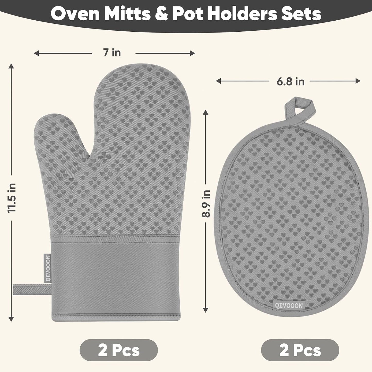 Oven Mitts and Pot Holders 4 Sets, Heat Resistant 500 ℉ Oven Mitt and Pot Holder,Oven Glove&Potholders with Non-Slip Silicone Surface,Kitchen Essentials for Cooking/Baking/BBQ-Grey
