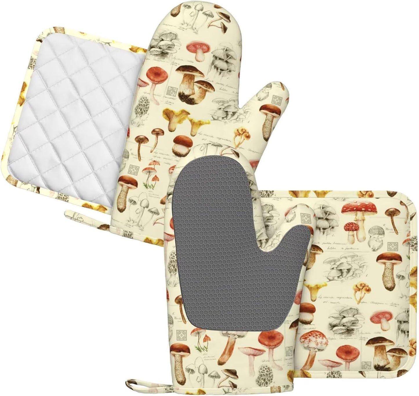 Mushroom Oven Mitts and Pot Holders Sets Silicone Vintage Mushrooms Kitchen Mitts Potholders Heat Resistant 4Pcs Oven Gloves Hot Pads for Kitchen Baking Cooking BBQ Grilling