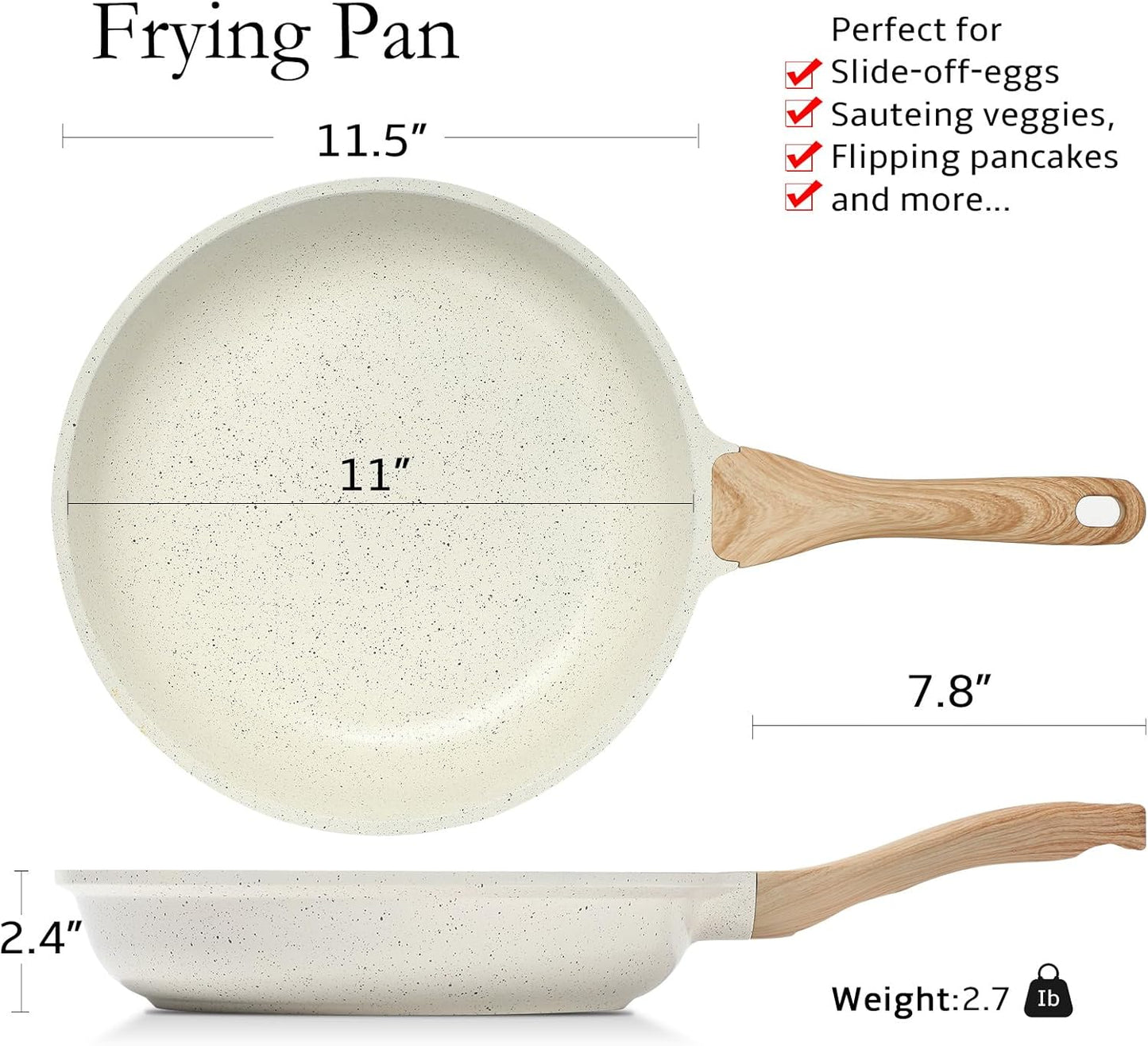 ESLITE LIFE Nonstick Ceramic Frying Pan Skillet, Non-Toxic Egg Omelette Kitchen Cooking Pans Compatible with All Stovetops (Gas, Electric & Induction), PTFE & PFOA Free (White, 11'')