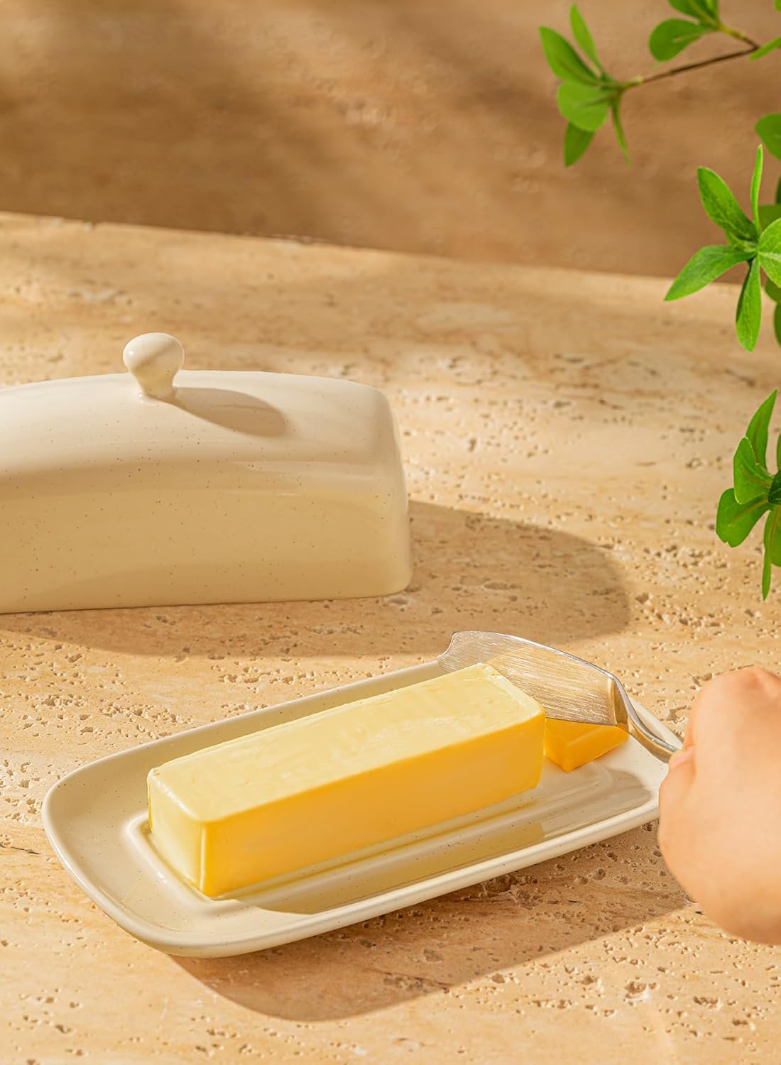 Sweese Butter Dish with Lid, Porcelain Butter Keeper, 7.8 Inch Butter Holder with Handle Cover, Butter Container Perfect for East West Coast Butter, Beige