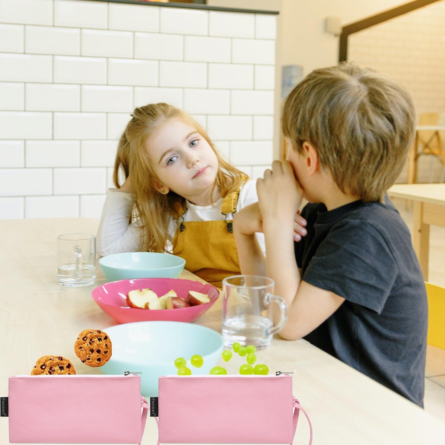 Reusable Sandwich Bag/Snack Bag for Kids & Adults, Dual Layer Lunch Bag with Handle, Washable, Food Safe, BPA Free (2-Pack, Pink)