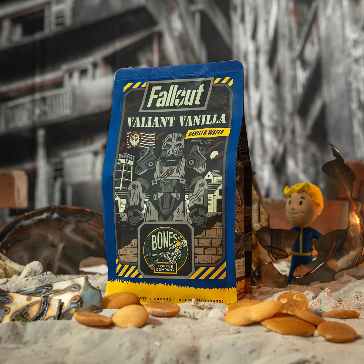 Bones Coffee Company Fallout Valiant Vanilla, Vanilla Wafer Flavored Coffee, Medium Roast Low Acid Arabica Beans Compatible with Auto drip and French Press Coffee Maker, 12 Oz Ground