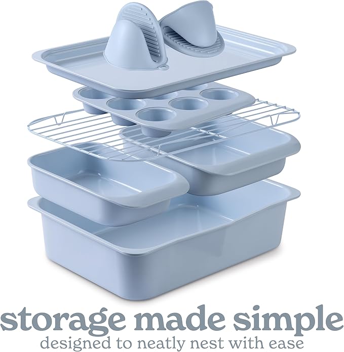 Country Kitchen Nonstick Stackable Bakeware Set - Deluxe Heavy Duty, Durable, Easy Release Baking Set, 8 Pcs, Light Blue