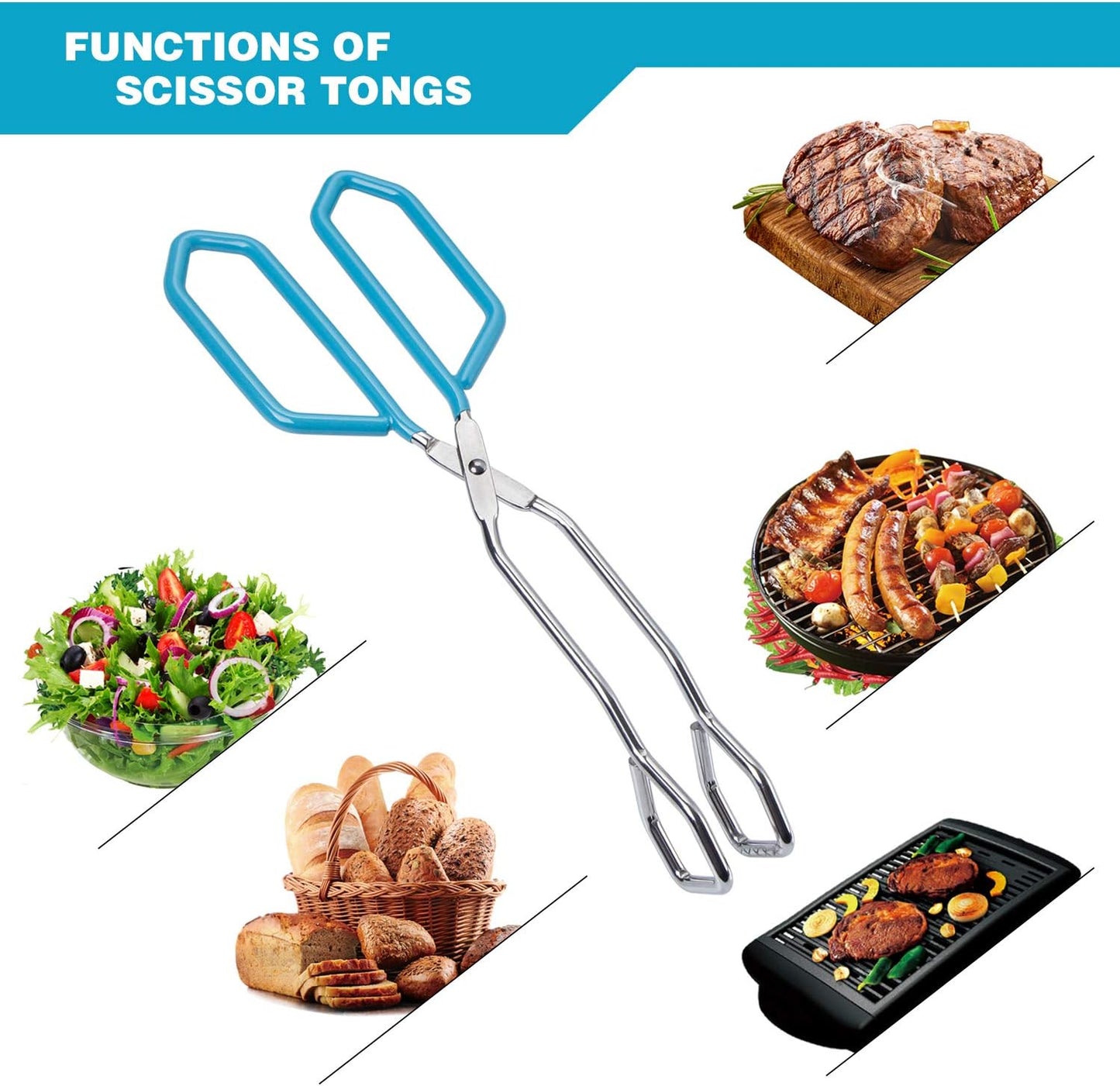 MSY BIGSUNNY Stainless Steel Scissor Tongs Heavy Duty Cooking Tongs with Soft Handles (2, blue 11" + 11")