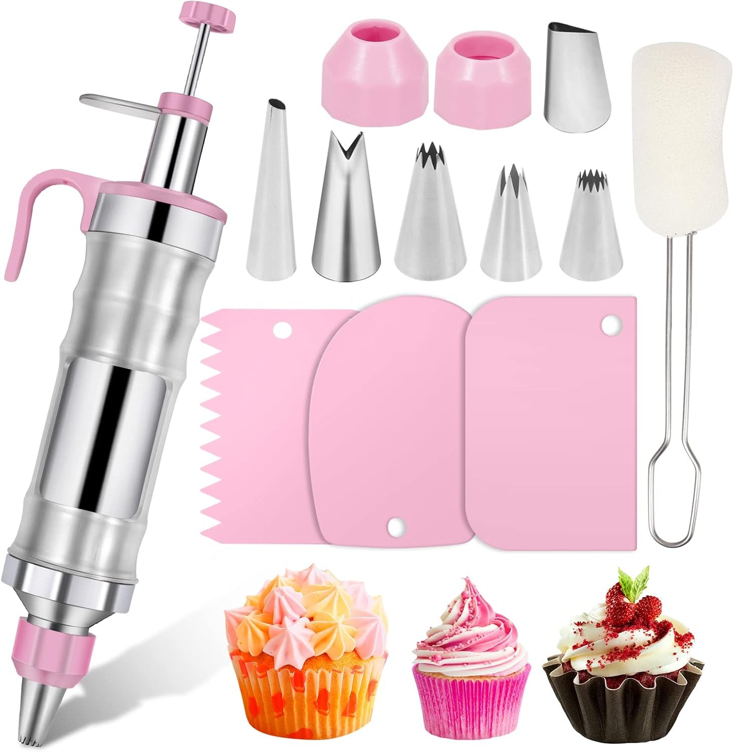 Dualshine Pink Cake Decorating Kit - 6 Russian Piping Icing Nozzles, 3 Cream Scrapers, Stainless Steel Cupcake Frosting Filling Injector