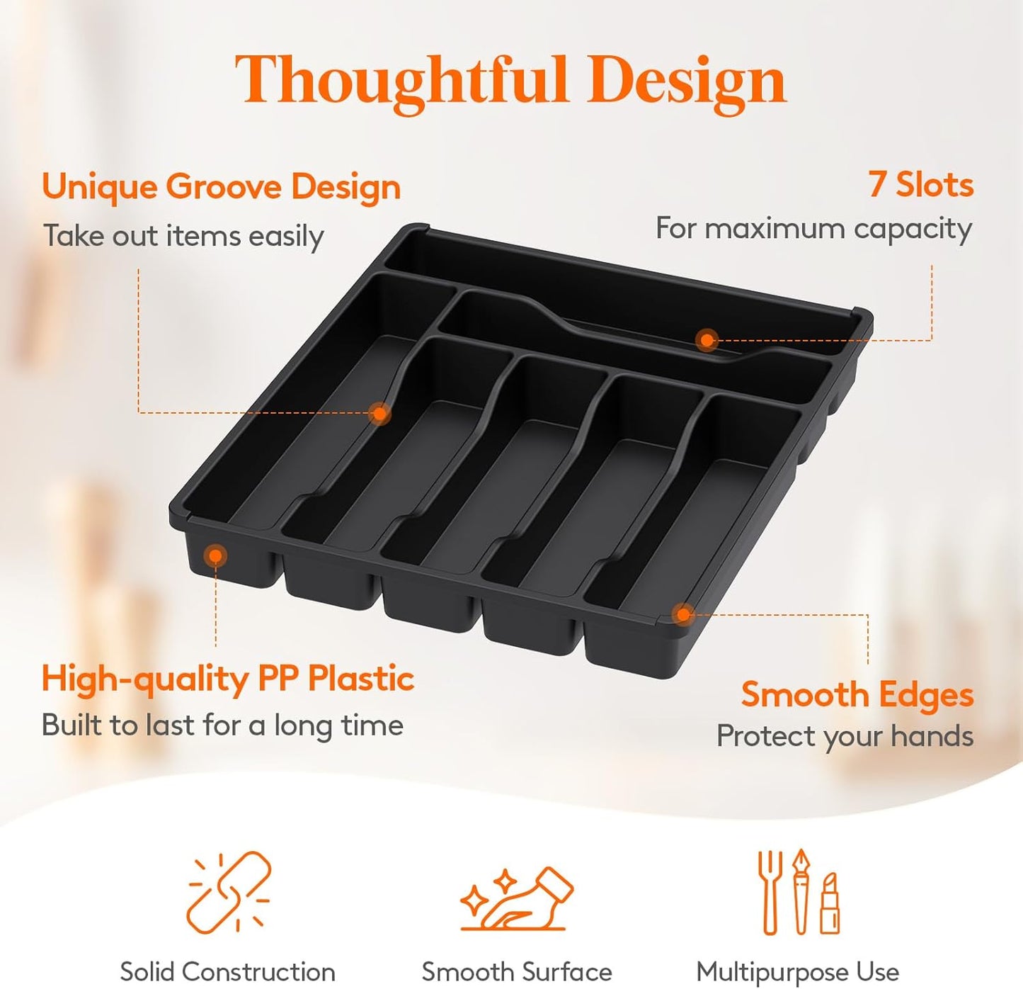 Lifewit Silverware Drawer Organizer Tray, Plastic Cutlery Storage for Kitchen Drawer, Flatware and Utensil Holder Divider for Spoons Forks Knives Tableware, 7 Compartment, Black