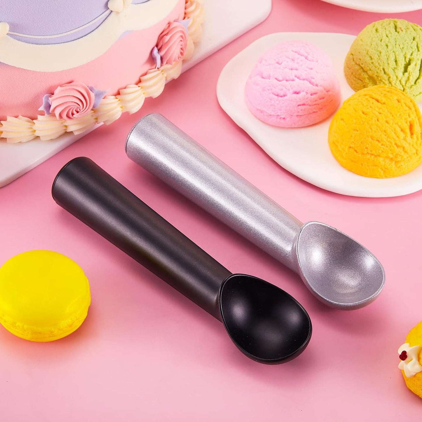 Gejoy 8 Pcs Ice Cream Scoop 7 Inch Nonstick Anti Freeze Ice Cream Scooper Aluminum Design Dessert Spoon for Gelatos Frozen Yogurt Fruit Sundaes Sorbet Almond Cookie Dough (Black and Silver)