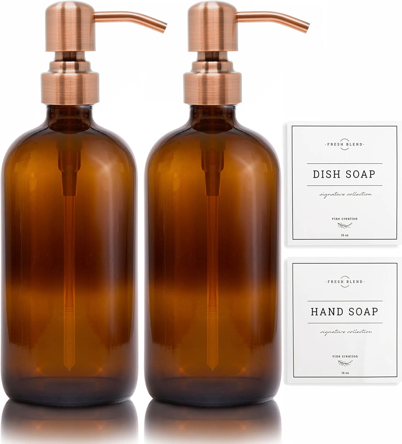 Vine Creations Amber Glass Soap Dispenser, 2 Pack Kitchen Soap Dispenser Set with Stainless Steel Pump, 16 oz Dish Soap and Hand Soap Dispensers for Bathroom with Waterproof Labels