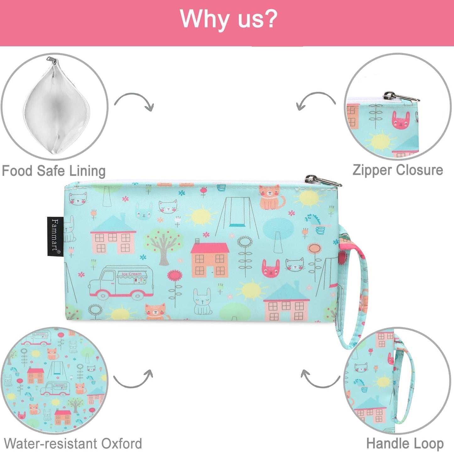 Reusable Sandwich Bag/Snack Bag for Kids & Adults, Dual Layer Lunch Bag with Handle, Washable, Food Safe, BPA Free (2-Pack, Colorful Cat)