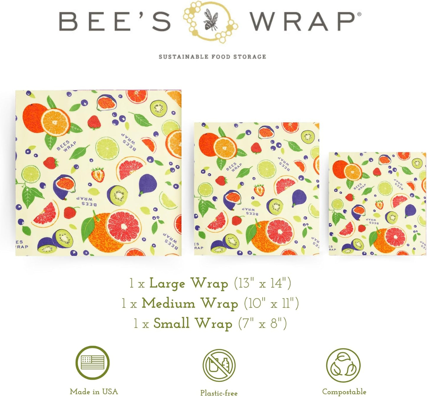 Bee's Wrap Beeswax Wraps for Food - Fresh Fruit 3 Pack (S, M, L) Made in USA Reusable & Organic Food Wraps, Sandwich Wrap & Bowl Covers - Eco-Friendly Alternative to Aluminum Foil & Plastic Wrap