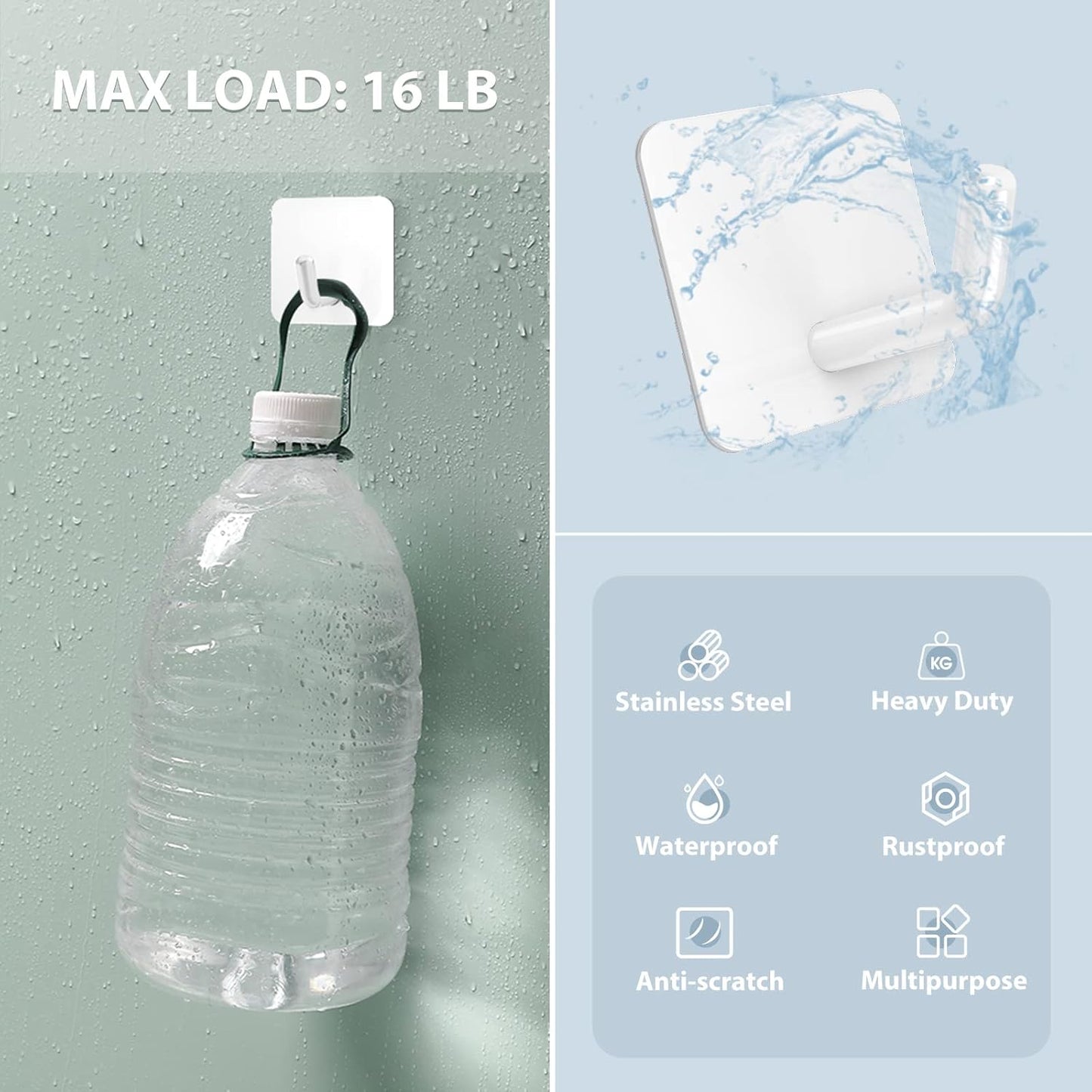 VIS'V Adhesive Hooks, Heavy Duty Shower Wall Stick on Hooks, Waterproof, 2 Extra Adhesive Strips, White, 4 Pcs