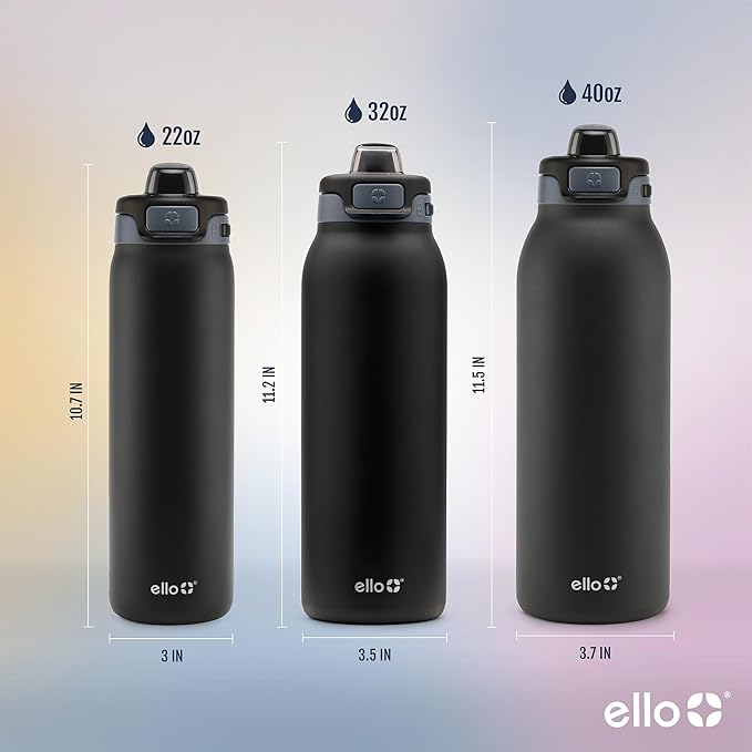 Ello Pop & Fill Stainless Steel Water Bottle with Quick Fill Technology, Double Walled Vacuum Insulated Metal, Leak Proof Locking Lid, Sip & Chug, BPA Free, Holiday Gift for Him Her, 22oz, 32oz, 40oz