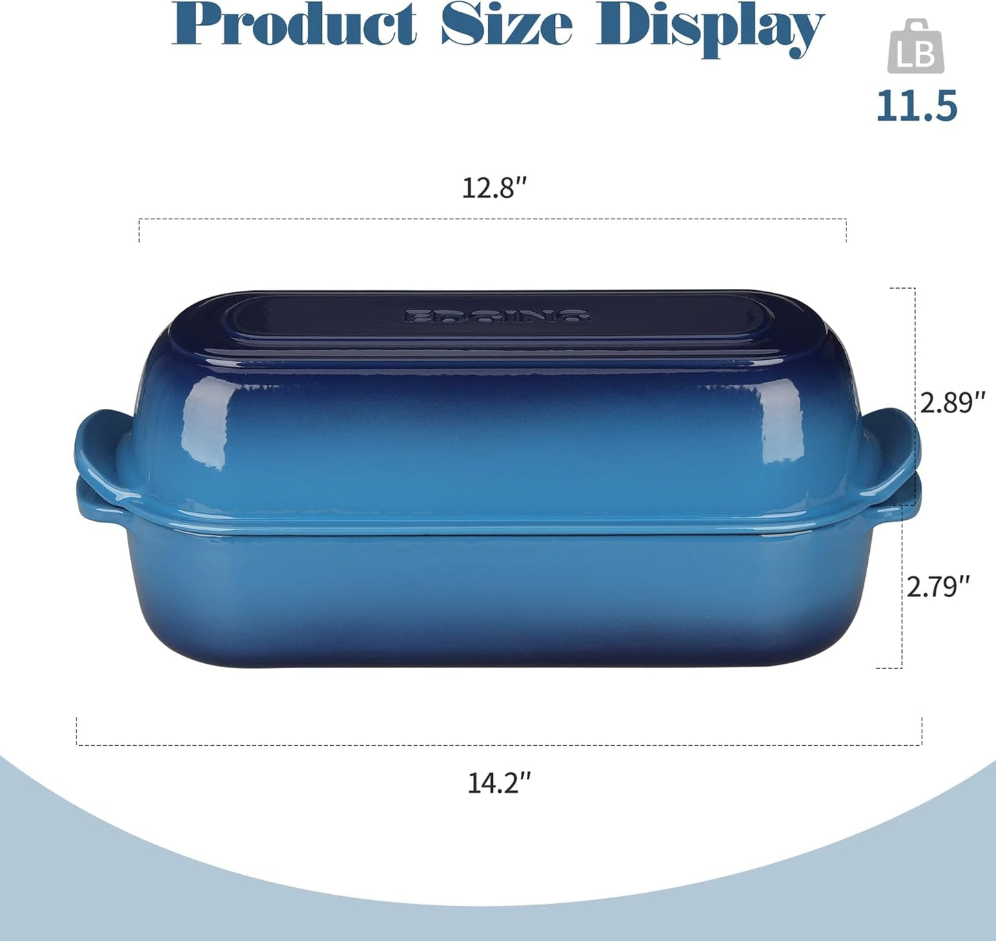 Enameled Cast Iron Loaf Pan with Lid, Dutch Oven for Homemade Bread Baking, 12.5x5.5 inch, 5Qt, Lake Blue
