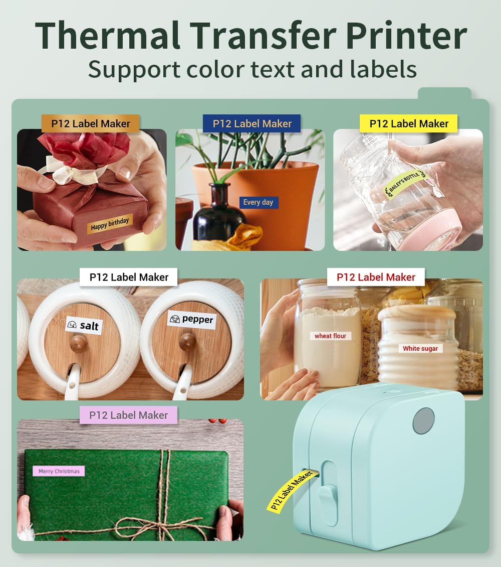 Phomemo P12 PRO Label Maker Machine with Tape, Mini Bluetooth Portable Thermal Labelmaker for Home, Office, Organizing, Kitchen, Wireless Small Label Makers with Multiple Templates, Green