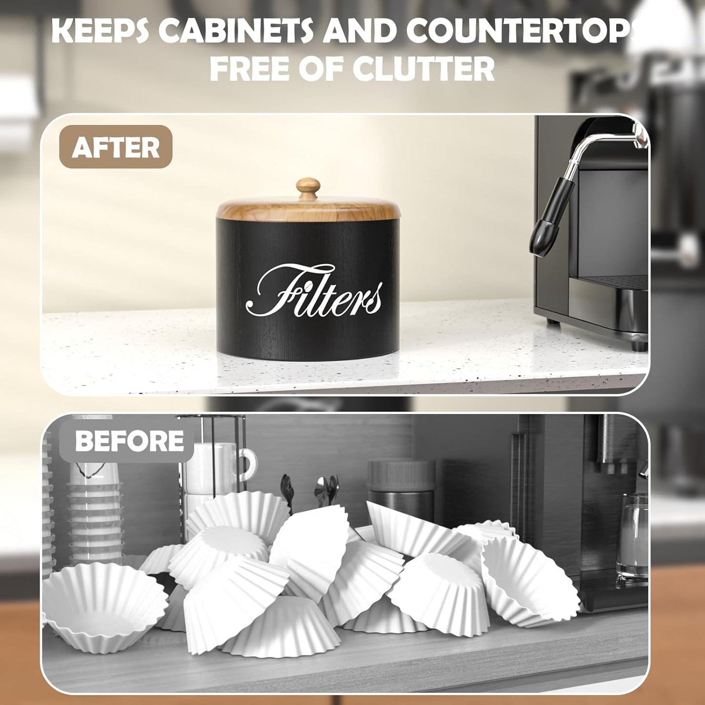 Wooden Coffee Filter Holder with Lid - Round Storage Container for Counter - Rustic Farmhouse Coffee Bar Accessories (Black)