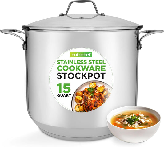 NutriChef 15-Quart Stainless Steel Stock Pot with Tempered Glass Lid - Induction Compatible Large Stockpot, Ideal for Stews & Soups, Dishwasher Safe - NCSP16
