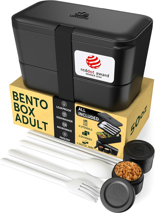 Umami Bento Box w/ 4 Utensils, 2 Sauce Jars, Nestable Space-Saving Lunch Box Containers, 100% Leakproof, Microwavable Lunch Containers for Adults, Design Award Winner, Onyx Black, 50 oz