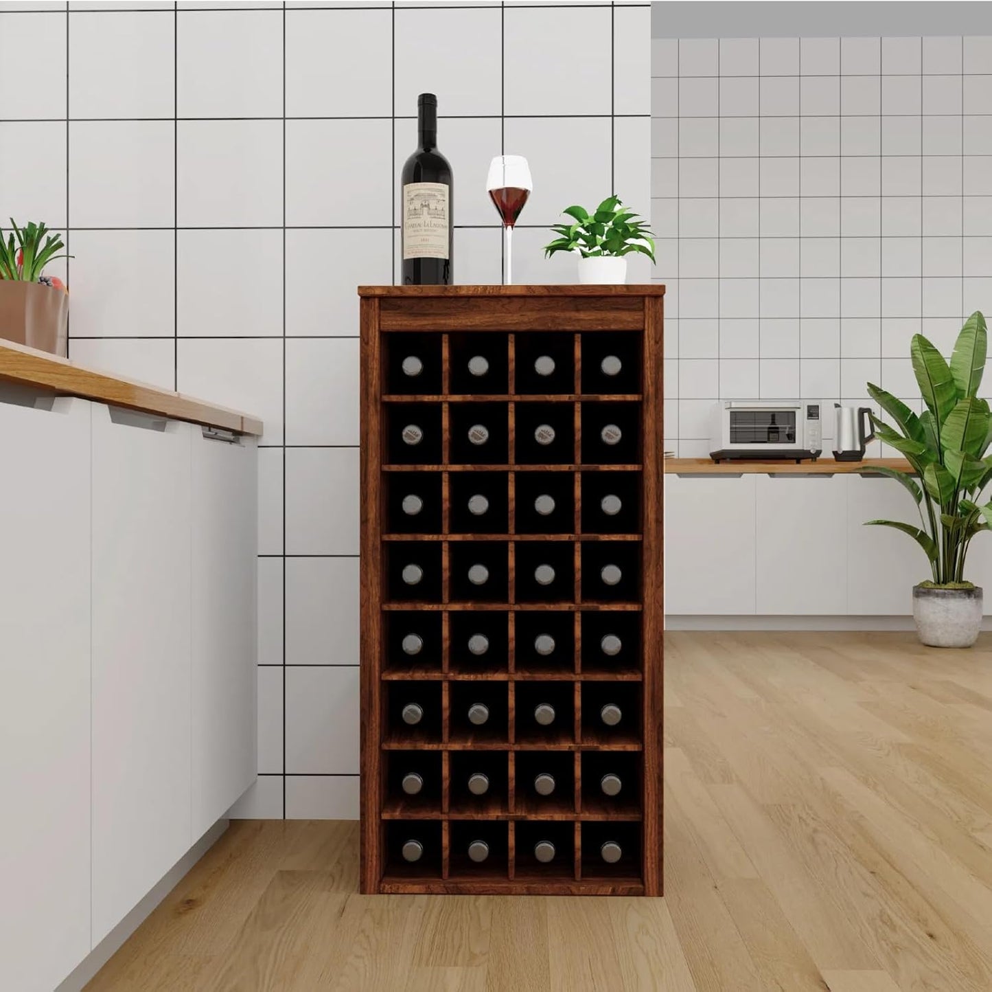 WERSMT 8-Tier Wine Rack Freestanding Floor, 32 Bottles Wood Wine Rack Counter for Small Space, Farmhouse Stackable Modular Wine Bottle Holder Rack, Walnut