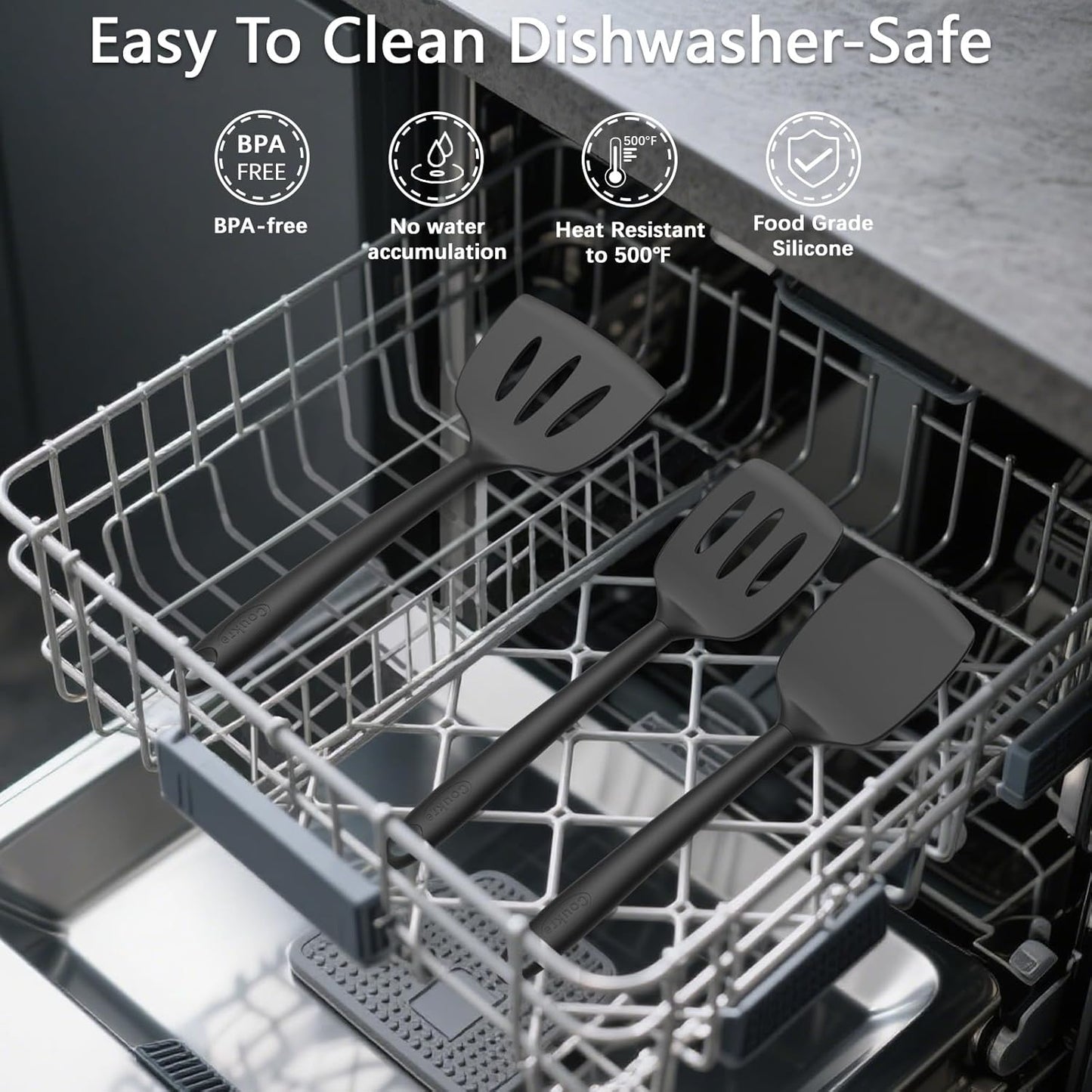 Coukre Silicone Kitchen Cooking Utensils Set with Holder – Heat-Resistant, Food-Grade Kitchen Tools, Spatula, Spoon & Gadgets for Non-Stick Pans, Dishwasher Safe (14, PureBlack)