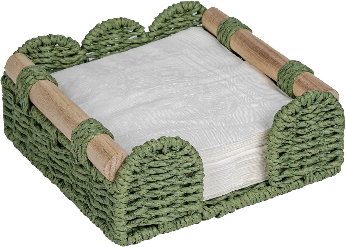 CubesLand Scalloped Napkin Holder for Table, Farmhouse Warming Home Kitchen Decor, Paper Rope Flat Napkin Dispenser Guest Towel Tray for Bathroom, Disposable Napkin Basket for Dining Table, Green